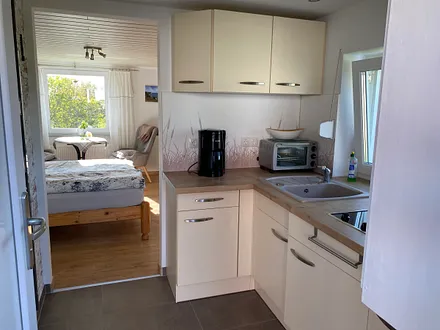 Küche mit Blick in den Wohnbereich