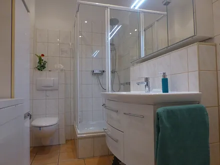 Modernes Duschbad mit WC Waschtisch, Spiegelschrank, Waschmaschine