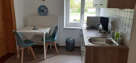 Küche mit Ceranfeld, Kühlschrank, Spülmaschine, Mikrowelle 