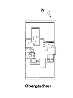 Grundriss obere Etage, 2. Bad, 3 Betten, Leseecke mit Bücherregal und CD-Player