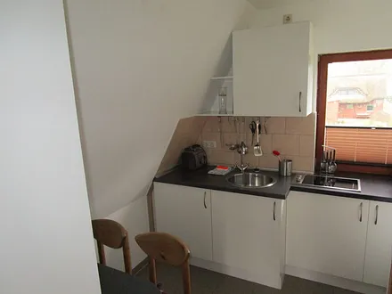 kleine gemütliche Küche mit Kühlschrank, Herd und Mikrowelle