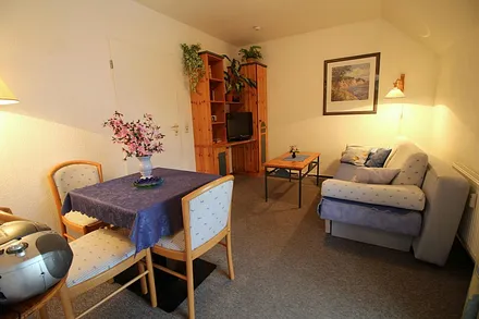 Essplatz für 4 Personen,  Doppelbettcouch im Hintergrund