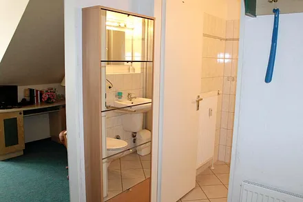 Im Flur befindet sich ein großen Schuhschrank mit Spiegelglasfront