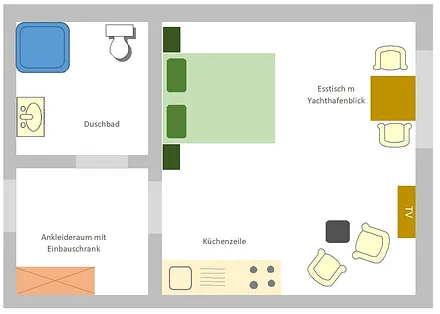Grundriss des Appartements mit Blick auf den Yachthafen