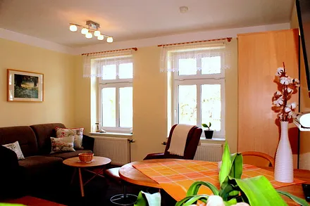 Wohnraum mit integrierter Küche, ausziehbares Schlafsofa, Aufbettung für 1-2 Personen/Kinder gegen Aufpreis möglich