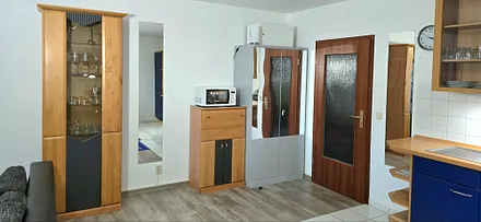 Schrank mit Gläsern / Mikrowelle / Tür zum Flur