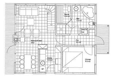 Erdgeschoss: Eingang rechst; Bad und ein Schlafzimmer (Doppelbett), Küche, Essecke und Wohnzimmer
