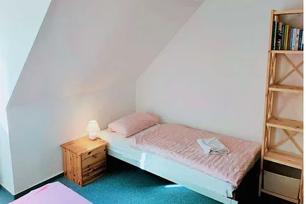 Schlafsofa in Wohnzimmer ausgezogen als Bett
