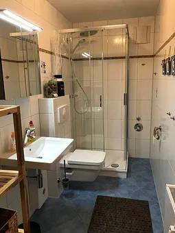 Im raumhoch gefliesten Bad befinden sich das WC, die grosse Dusche und der Waschtisch. Ein Fön befindet sich im Badschrank. 