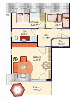 Grundriss der Wohnung. Wohnküche mit 2 Schlafzimmer. Der Balkon ermöglicht romantisches Sitzen unter freiem Himmel, da sich die Wohnung im Dachgeschoss befindet. 