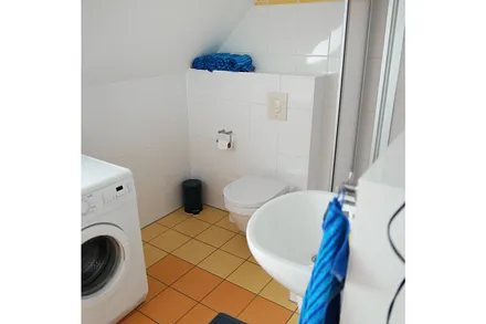 Duschbad mit Waschmaschine und Fenster