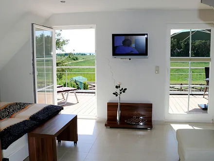 Blick vom Zimmer auf die grosse Dachterrasse