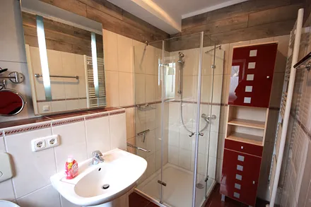 Tageslichtbad mit Handtuchwärmer, flache Duschtasse