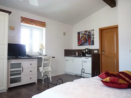 Flachbildschirm, Küche mit 1 Induktionskochplatte, Kühlschrank