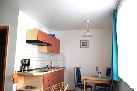 Küchenzeile mit Ceranfeld und Kühlschrank ohne Gefrierfach