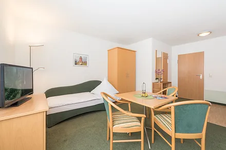 Wohnbereich 1-Raum mit Schlafcouch und Flachbildschirm