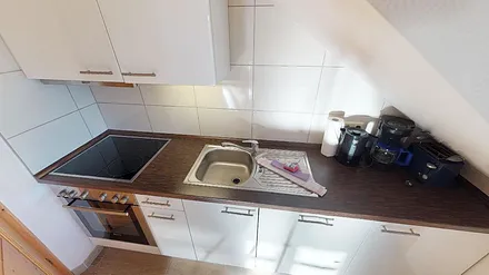 Küchenzeile mit Geschirrspüler, Herd mit Ceranfeld, Wasserkocher und Toaster.