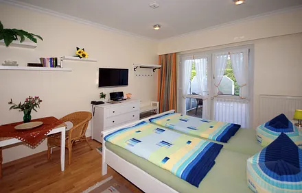 kombiniertes Wohn/Schlafzimmer mit Terrasse