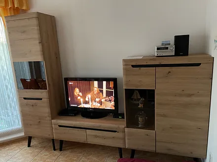 Wohnwand mit LED-TV und DAB-Radioanlage