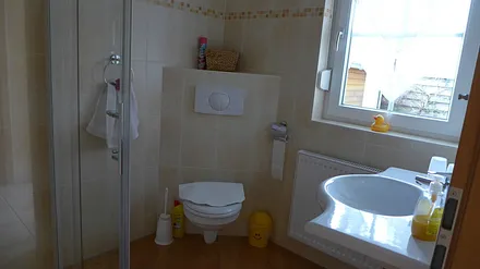 ein Blick ins Bad mit ebenerdiger Dusche