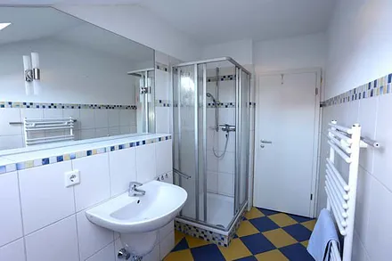 Blick in das Bad mit Dusche , WC und Waschbecken