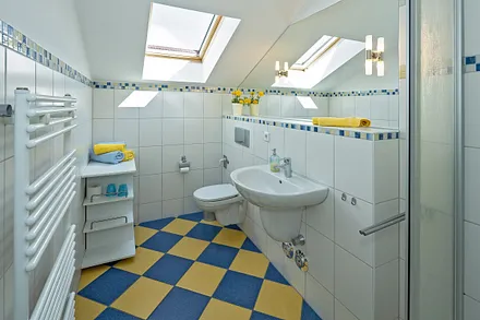 Blick in das Bad mit Dusche , WC und Waschbecken