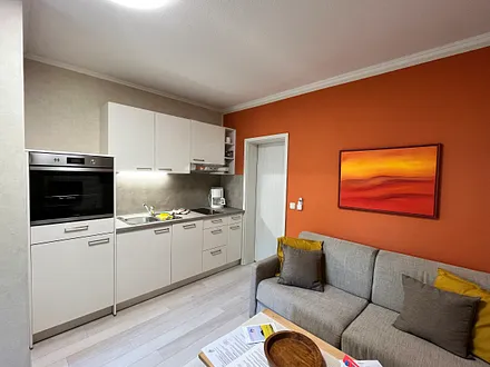 Küchenzeile mit Backofen, 2-Platten-Kochfeld, Kühlschrank mit Eisfach, Geschirrspüler, Kaffeemaschine, Toaster, Wasserkocher, Mixer u.v.m.