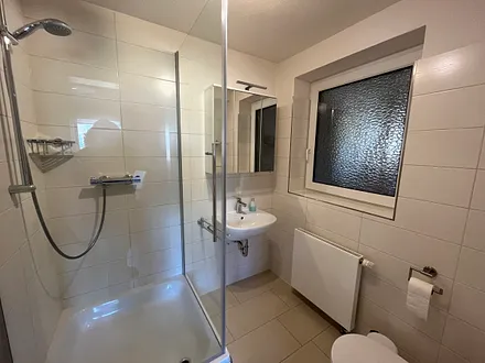 Modernes Badezimmer mit großer Dusche und WC, Haartrockner