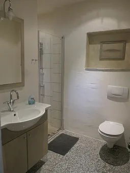 Bad mit Waschplatz, ebenerdiger Dusche, WC, Handtuchwärmer, Fön, Kosmetikspiegel