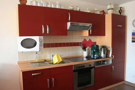 Wohnraum mit kompletter Küchenzeile, bestehend aus Kühlschrank, Herd, Mikrowelle, Spülautomat, Gefrierfach