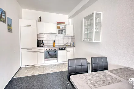 Fewo Mehlschwalbe: Der Blick in die Küche, komplett ausgestattete Einbauküche mit Backofen und großem Esstisch.