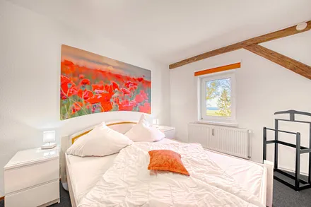 Fewo Seeschwalbe: 1 Schlafraum (ca. 15 m²) mit Doppelbett  und im Sommer mit Insektenschutz.