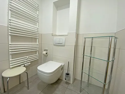 Badezimmer mit Dusche, WC und Fön