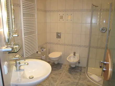 Blick ins Bad mit Fön, Bidet & Kosmetikspiegel