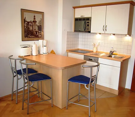 der Küchenbereich - komplett ausgestattet, viele E-Geräte