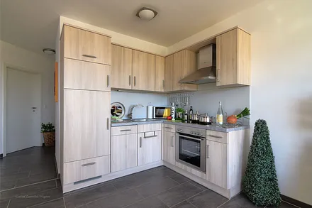 Voll ausgestattete Küche mit Geschirrspülmaschine, großem Kühlfach u. Kühlschrank, Backofen, Ceranfeld, Mikrowelle, Kaffeemaschine, Toaster, Wasserkocher und Eierkocher.