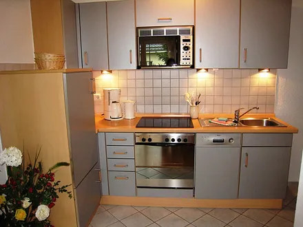 Blick auf den Küchenbereich, komplett ausgestattet, viele E-Geräte und Geschirrspüler