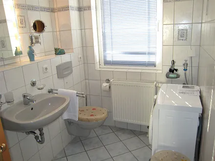 Blick ins Bad mit Dusche/WC (Kosmetikspiegel, Fön und kostenfreie Waschmaschine sind vorhanden), zusätzlich gibt es ein separates WC