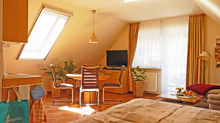 Blick vom Schlaf- in den großzügigen, hellen und mit Sideboards möblierten Wohnbereich, Zugang zum Balkon, Wand-LCD Flachbildschirm (90° schwenkbar), alle Dachfenster mit Jalousie und Insektenrollo