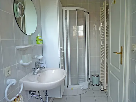 Duschbad mit Fuß- und Wandheizung, direktem Zugang vom Wohn-/Schlafbereich, ausgestattet mit Waschtich, Spiegel, Ablage, WC und Dusche, abgerundet mit entsprechenden Bad-Accessoires