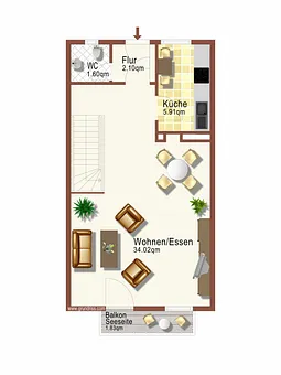 Grundriss der unteren Etage (Wohnbereich) der Maisonette-Fewo "Rügen 35"