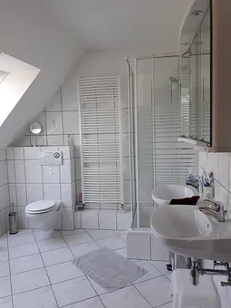  ...sowie Dusche, zwei Waschplätzen und WC