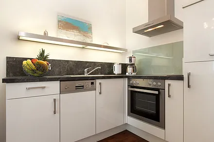 Die Küchenzeile mit Geschirrschüler, Kühlschrank, Herd mit Backofen etc.