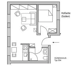 Zwei Zimmer, Küche, Bad - die Wohnung D304 Typ D304 liegt zur Wald- und Hofseite (Osten und Süden). Vom Schlafzimmer blicken Sie ins Grüne und zum Wald.