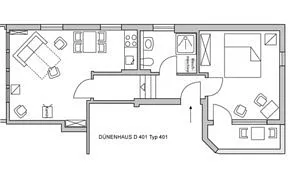 Großzügig: Die Wohnung D401 hat einen Flur mit geteiltem Niveau. An den Enden liegen der Wohnraum und das Schlafzimmer, in der Mitte das Bad mit eigener Waschmaschine.