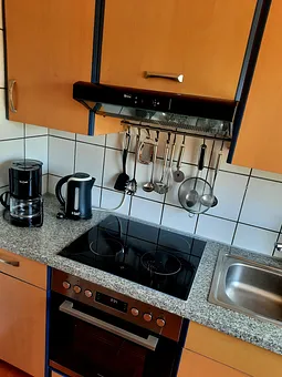 Sep. Küche mit 4 Plattenherd,Backofen, Mikrowelle,Toaster,Kaffeemaschine,Abzugshaube und Kühlschrank mit 3Sterne Gefrierfach