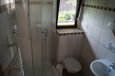 Das Bad mit Dusche und Handtuchtrockner.