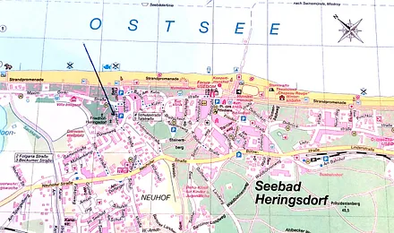 Lageplan - siehe Pfeil - Objekt 200 m zum Strand