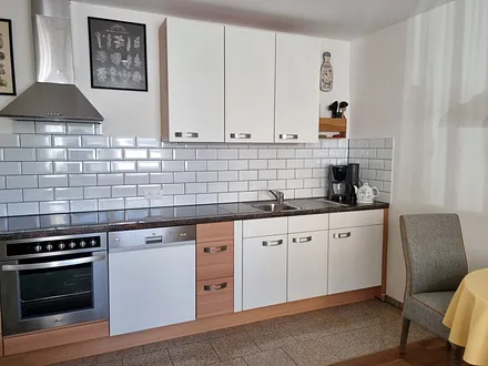 Küchenzeile mit Herd und Backofen, Geschirrspüler sowie Kühlschrank