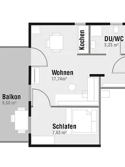 Grundriss des ca. 38 m² großen Appartements 551 